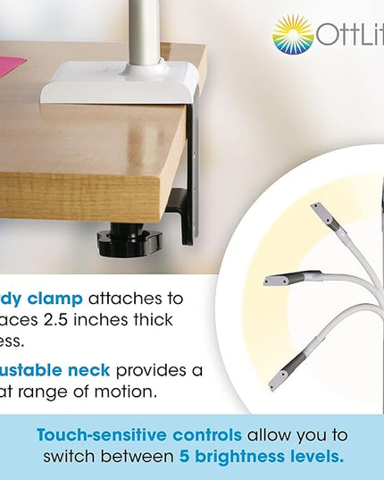 OttLite LED Desk Lamp with Sturdy Clamp - Extra Wide Lighting, Dimmable with 5 Brightness Settings & Energy Efficient Natural Daylight LEDs for Home Office, Computer Desk, Dorms & Workbench - LeafyLoom