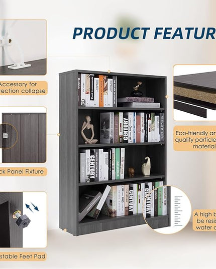 Farini Grey Bookshelf for Bedroom 4 Shelf Office Bookcase 48 Inches Tall Modern Wood Bookshelf for Living Room 4 Tier Wide Manga Bookshelf Library Bookcase - LeafyLoom