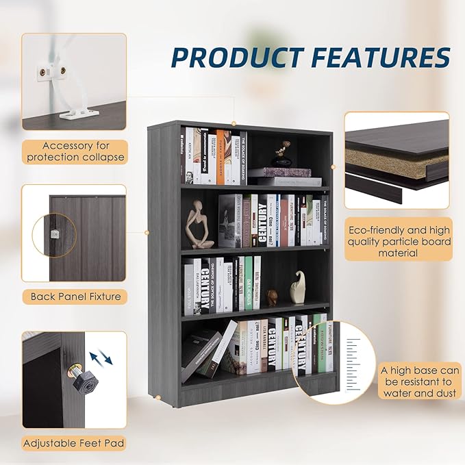Farini Grey Bookshelf for Bedroom 4 Shelf Office Bookcase 48 Inches Tall Modern Wood Bookshelf for Living Room 4 Tier Wide Manga Bookshelf Library Bookcase - LeafyLoom