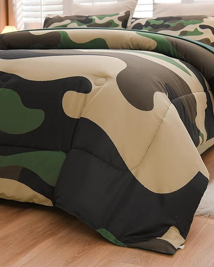 Meeting Story Camouflage Bedding Set, Colorful Pattern Style Comforter Set, 5 PCS One Comforter Two Pillowcases Two Sheets in One Bag, All Season Bedspread for Teens Adults (Green, Queen 5Pcs) - LeafyLoom