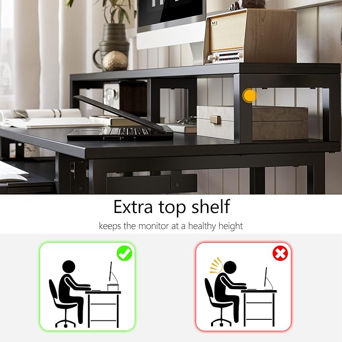 BANTI 47 Inch Computer Desk with Storage Shelves Monitor Stand Keyboard Tray, Home Office Desk, Study Writing Table, Black - LeafyLoom