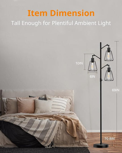LEPOWER Tree Floor Lamp, Industrial Floor Lamps for Living Room with Multi Head, Dimmable Floor Lamp, LED Standing lamp Edison Bulbs, Pole Tall Lamp for Bedroom Office Black - LeafyLoom