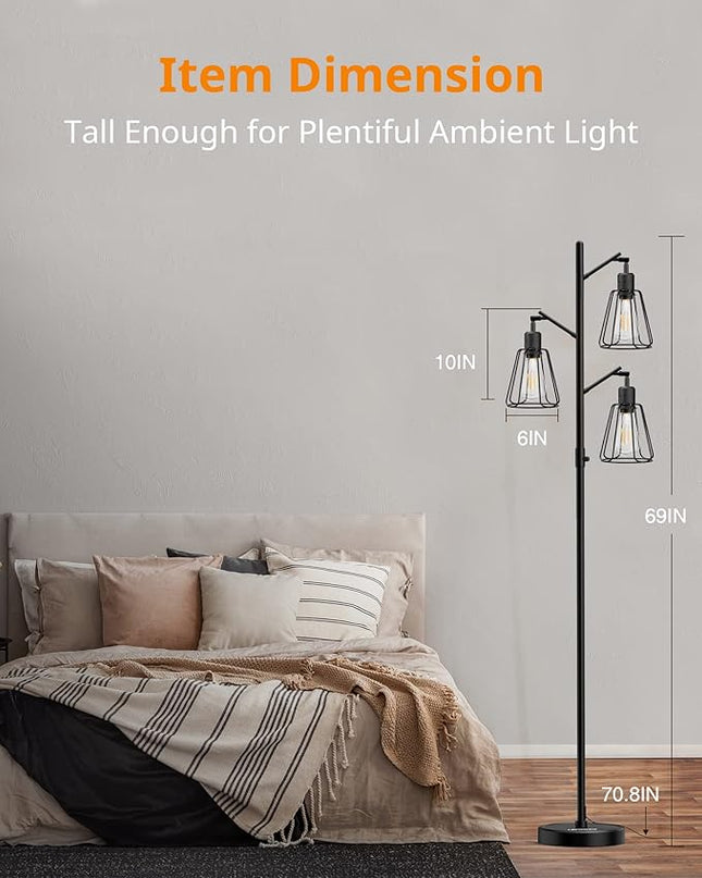 LEPOWER Tree Floor Lamp, Industrial Floor Lamps for Living Room with Multi Head, Dimmable Floor Lamp, LED Standing lamp Edison Bulbs, Pole Tall Lamp for Bedroom Office Black - LeafyLoom