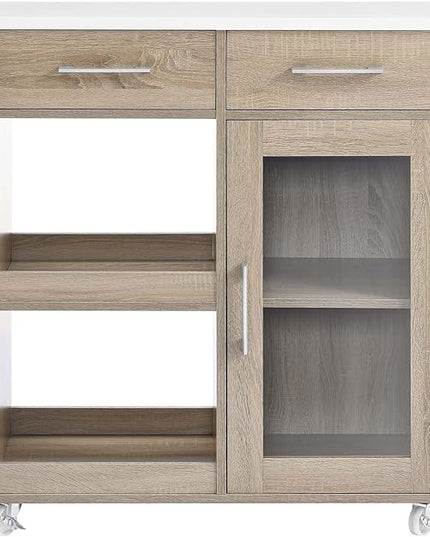 Modway Culinary Rolling Kitchen Cart with Storage in Oak White - 3 Tiers Kitchen Island on Wheels with Towel Bar, Functional as a Coffee Station, Bar Cabinet or Butcher Block Island - LeafyLoom