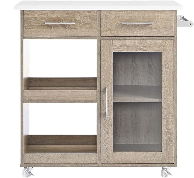 Modway Culinary Rolling Kitchen Cart with Storage in Oak White - 3 Tiers Kitchen Island on Wheels with Towel Bar, Functional as a Coffee Station, Bar Cabinet or Butcher Block Island - LeafyLoom