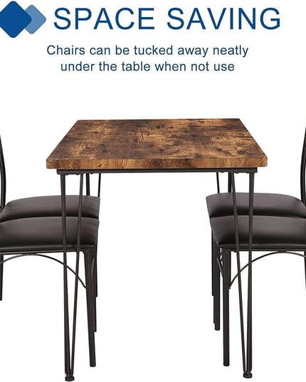 VECELO 5-Piece Set for Home Kitchen Breakfast Nook, with 4 Chairs, Black, Dining Table for 4, Retro Brown - LeafyLoom