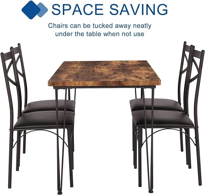 VECELO 5-Piece Set for Home Kitchen Breakfast Nook, with 4 Chairs, Black, Dining Table for 4, Retro Brown - LeafyLoom