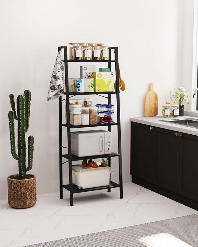 Ladder Shelf, Bookshelf Bookcase, Freestanding Corner Storage Shelve with 2 Hooks for Home Office, Living Room, Kitchen, Bedroom, Industrial, 5-Tier Black BC19304B - LeafyLoom