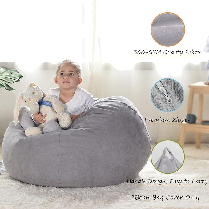 YuppieLife Stuffed Animals Bean Bag Chair Cover Candy-Colored Bean Bag（Just Cover, No Filling）/Large Stuff 'n Sit Organization/Toy Storage Bag/Kids Toys Organizer（27'',Grey） - LeafyLoom
