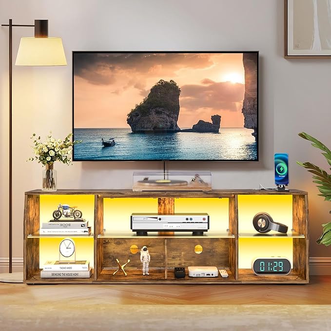 VECELO LED Gaming TV Stand with Power Outlets Television Cabinet with 7 Open Storage Shelves, Industrial Entertainment Center for Living Room and Bedroom, Retro Brown, 55inch - LeafyLoom