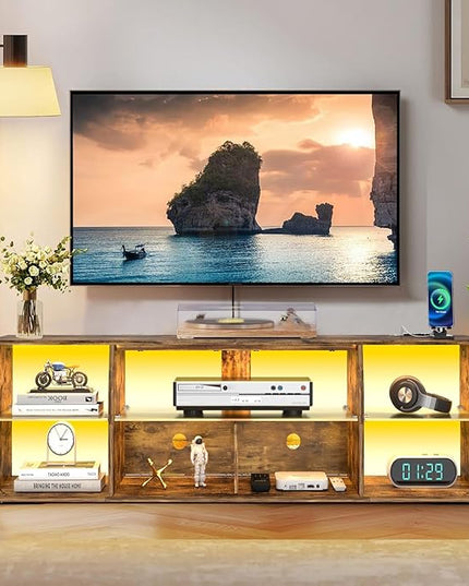VECELO LED Gaming TV Stand with Power Outlets Television Cabinet with 7 Open Storage Shelves, Industrial Entertainment Center for Living Room and Bedroom, Retro Brown, 65inch - LeafyLoom