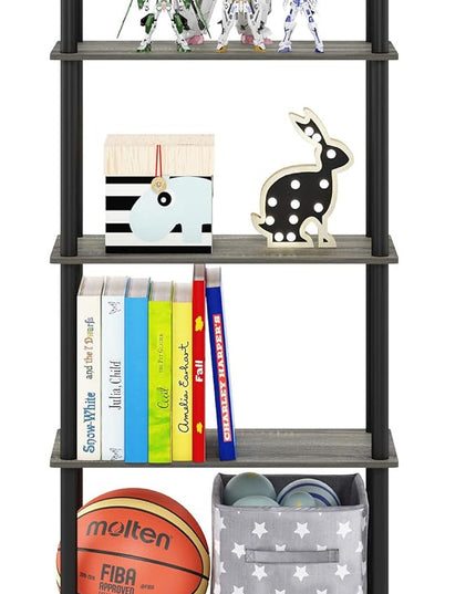Furinno Turn-N-Tube 5-Tier Multipurpose Shelf / Display Rack / Storage Shelf / Bookshelf, Round Tubes, French Oak Grey/Black - LeafyLoom