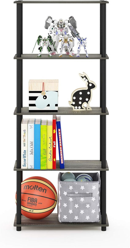 Furinno Turn-N-Tube 5-Tier Multipurpose Shelf / Display Rack / Storage Shelf / Bookshelf, Round Tubes, French Oak Grey/Black - LeafyLoom