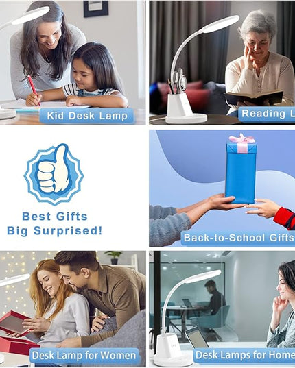 Sailstar Desk Lamp for Home Office, Small Desk Lamp with Wireless Charger & Pen Holder, Cute Desk Lamp LED Dimmable Touch 3 Lighting Modes Memory, Gooseneck White Desk Light for College Dorm Room - LeafyLoom