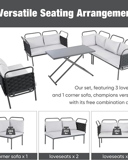 5-Piece Outdoor Patio Sectional L-shaped Sofa Set, Woven Rope Conversation Furniture with Loveseat, Corner Couch, Glass Coffee Table and Removable Cushions, Onesize, Black+Gray - LeafyLoom