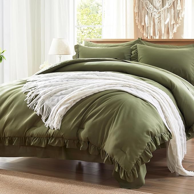 Anluoer Queen Comforter Set 7 Piece, Olive Green Bed in a Bag with Sheets, All Season Ruffle Shabby Chic Bedding Sets with 1 Comforter, 2 Pillow Shams, 2 Pillowcases, 1 Flat Sheet, 1 Fitted Sheet - LeafyLoom