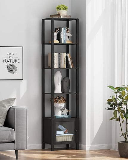 TUTOTAK 6 Tier Bookcase and Bookshelf, Narrow Book shelf with Door for Small Space, for Living Room, Office, Study, Entryway, Black BS03BK006 - LeafyLoom