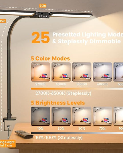 Upgraded LED Desk Lamp for Home Office with RGB, Rotatable Computer Desk Light with Remote, Eye Caring Table Lamp with Clamp for Study, Dimmable Dual Head Desk Lighting for Monitor PC, 22W - LeafyLoom
