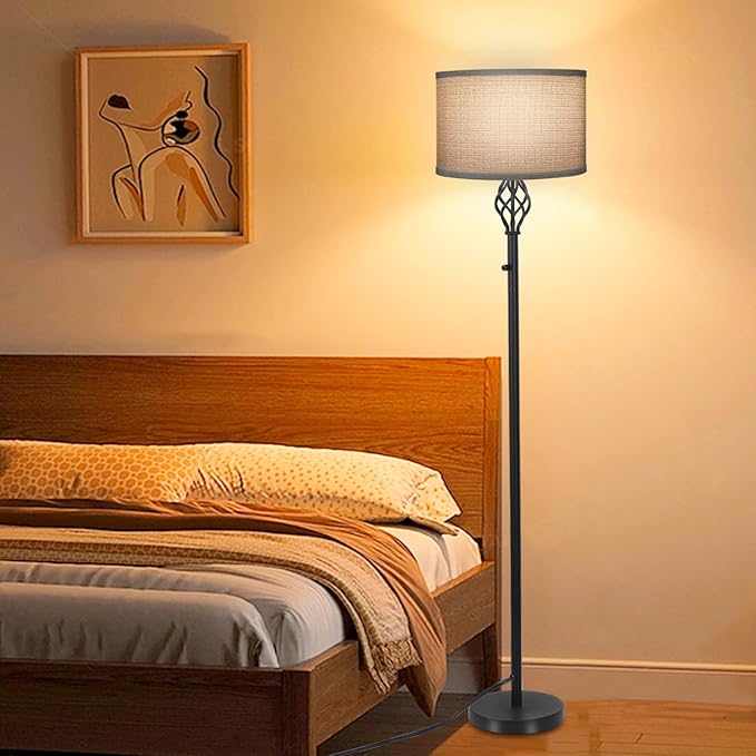 Floor Lamps for Living Room, Standing Lamp for Bedroom, Modern Floor Lamp with Gray Linen Shade, Rotary Switch, 2700K 10W Bulb Included, Stepless Dimmable Floor lamp, Classic Tall Lamp for Office - LeafyLoom