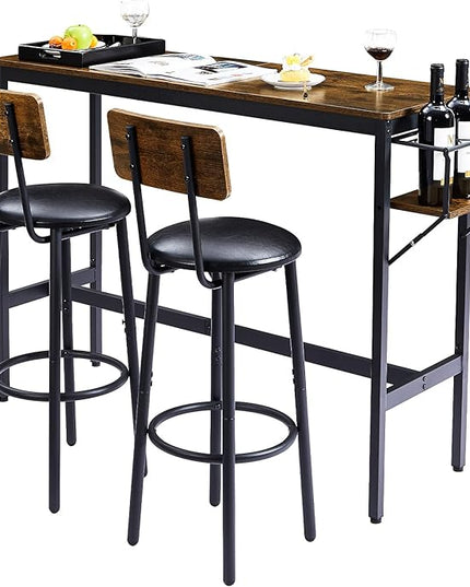 Bar Table and Chairs Set for 2, 3 Pieces Pub Dining Table Set with Collapsible Bottle Holder, 2 Bar Stools PU Upholstery Seat with Backrest for Kitchen, Apartment, Small Space - LeafyLoom