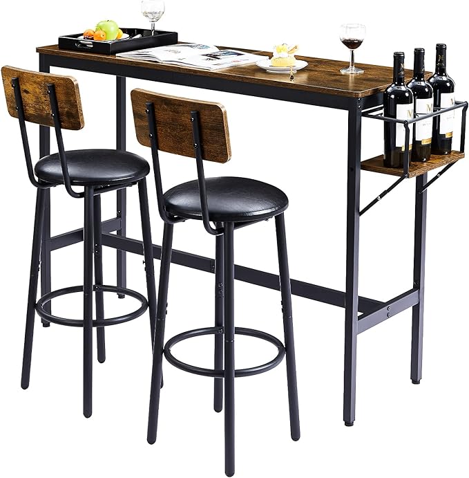 Bar Table and Chairs Set for 2, 3 Pieces Pub Dining Table Set with Collapsible Bottle Holder, 2 Bar Stools PU Upholstery Seat with Backrest for Kitchen, Apartment, Small Space - LeafyLoom