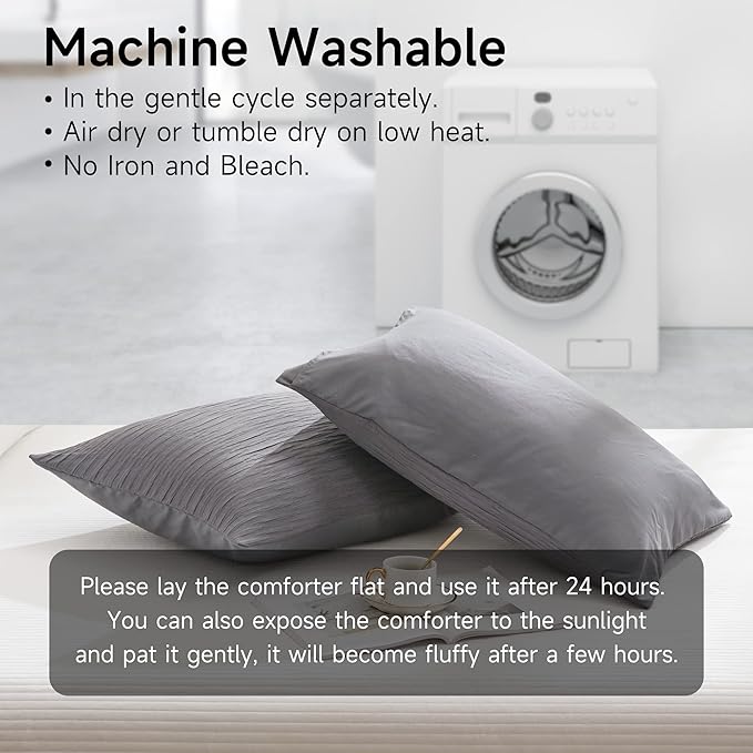 Dark Gray Seersucker Comforter Set Twin Size (66x90 in), 2 Pieces Soft Crinkled Textured Comforter with 1 Pillowcase, Lightweight Microfiber Down Alternative Bedding Set for All Season - LeafyLoom