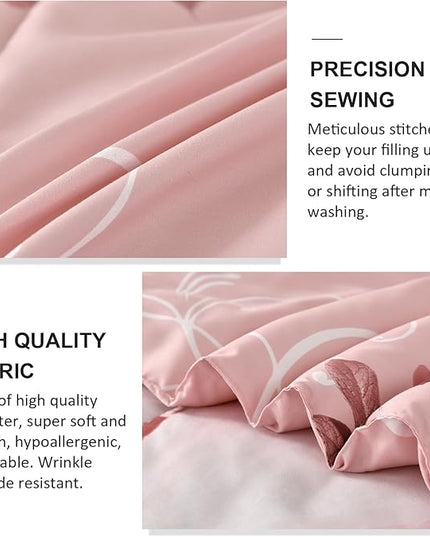 WONGS BEDDING Pink Comforter Set Queen Reversible Pink Rose Pattern Printed Bedding Comforter Set with 2 Pillowcases for All Season, Soft Microfiber Filling Bedding Set 90"x90" - LeafyLoom