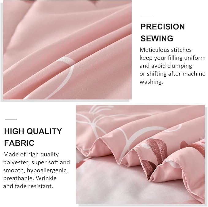 WONGS BEDDING Pink Comforter Set Queen Reversible Pink Rose Pattern Printed Bedding Comforter Set with 2 Pillowcases for All Season, Soft Microfiber Filling Bedding Set 90"x90" - LeafyLoom