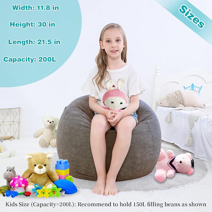 Stuffed Animal Storage Bean Bag Chair Cover (No Filler) for Kids .Soft Premium Corduroy Stuffable Beanbag for Organizing Children Plush Toys or Memory Foam Small 100L (Warm Grey) - LeafyLoom