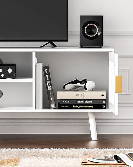 Anmytek Farmhouse Rattan TV Stand for 55 Inches TV Mid Century Modern Entertainment Center with Storage Cabinet Wood Small Media Console for Living Room White H0055 - LeafyLoom