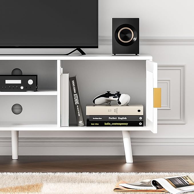 Anmytek Farmhouse Rattan TV Stand for 55 Inches TV Mid Century Modern Entertainment Center with Storage Cabinet Wood Small Media Console for Living Room White H0055 - LeafyLoom