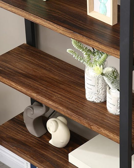 Solid Wood Bookshelf,4 Tier Rustic Vintage Industrial Etagere Bookcase, Open Metal and Wood Vintage Book Shelf, Retro Brown (Real Wood)(4-Tier) - LeafyLoom