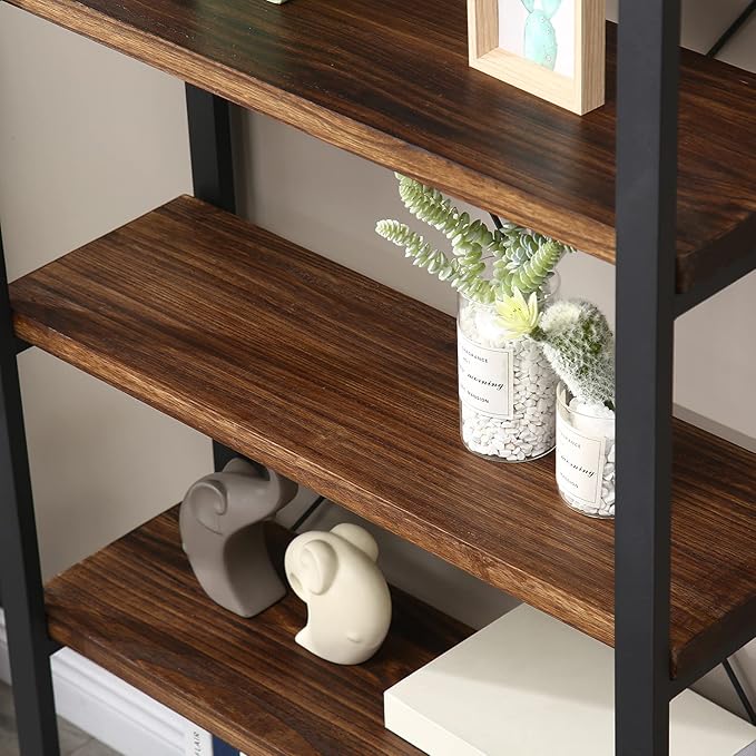 Solid Wood Bookshelf,4 Tier Rustic Vintage Industrial Etagere Bookcase, Open Metal and Wood Vintage Book Shelf, Retro Brown (Real Wood)(4-Tier) - LeafyLoom