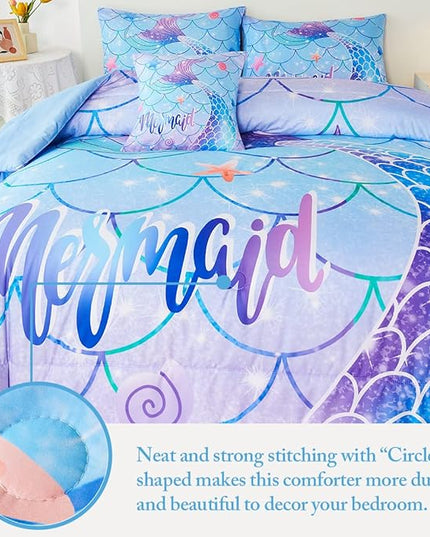 URBONUR Mermaid Tail Bedding Set Queen Size, 6Pcs Fish Scales Print Bed in a Bag Girls Queen Comforter Set, Ombre Aqua Blue Teal Pink Purple Bed Sets for Girls Bedroom Decor - LeafyLoom