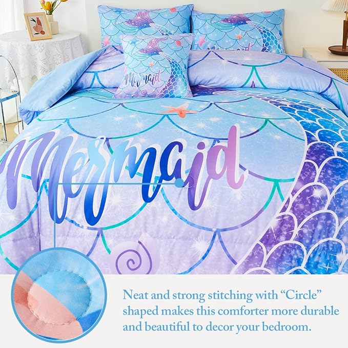 URBONUR Mermaid Tail Bedding Set Queen Size, 6Pcs Fish Scales Print Bed in a Bag Girls Queen Comforter Set, Ombre Aqua Blue Teal Pink Purple Bed Sets for Girls Bedroom Decor - LeafyLoom