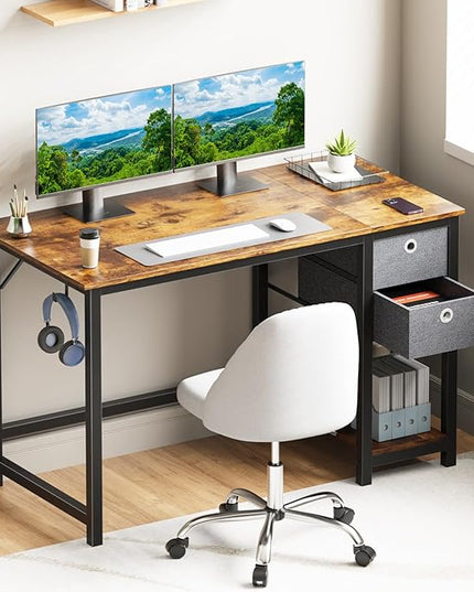 SMUG Computer Desk with Storage Drawers, 47 Inch Small Office Desk Modern Simple Workstation Study Writing Table for Home Bedroom, Rustic Brown - LeafyLoom