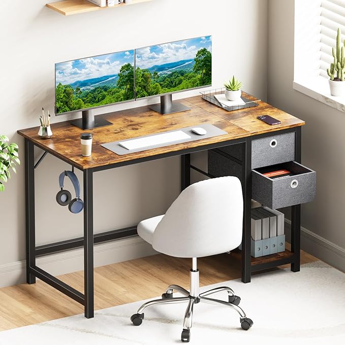 SMUG Computer Desk with Storage Drawers, 47 Inch Small Office Desk Modern Simple Workstation Study Writing Table for Home Bedroom, Rustic Brown - LeafyLoom