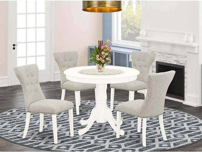 East West Furniture ANGA5-LWH-35 5 Piece Dining Set for 4 Includes a Round Kitchen Table with Pedestal and 4 Doeskin Linen Fabric Upholstered Parson Chairs - LeafyLoom