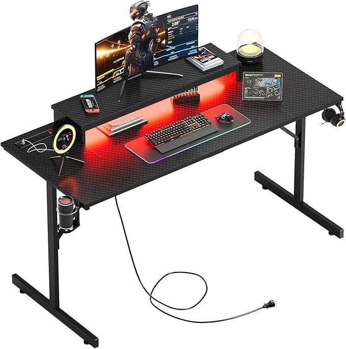 Bestier 52 inch Gaming Desk with Power Outlets and USB Charging Ports, Sturdy Computer Desk with LED Lights and Monitor Stand, Computer Table for Home Office, Easy to Assemble, Carbon Fiber Black - LeafyLoom