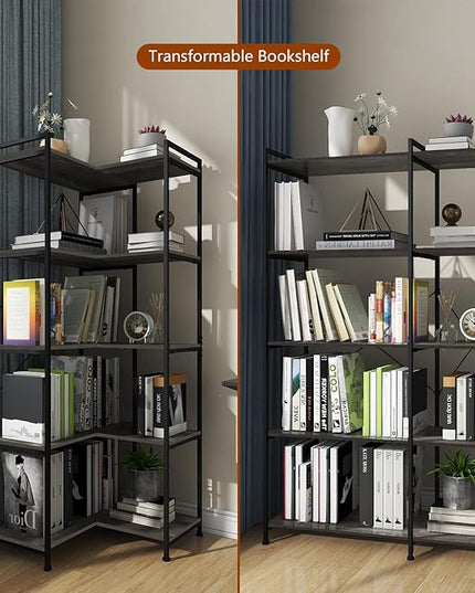 Bookshelf 5 Tier Deformable Corner Bookcase Free Standing Modern Industrial Book Storage Display Book Shelf for Bedroom Living Room Study Room Office (Dark Grey) - LeafyLoom