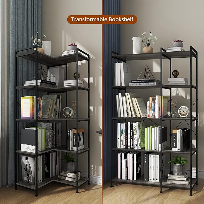 Bookshelf 5 Tier Deformable Corner Bookcase Free Standing Modern Industrial Book Storage Display Book Shelf for Bedroom Living Room Study Room Office (Dark Grey) - LeafyLoom