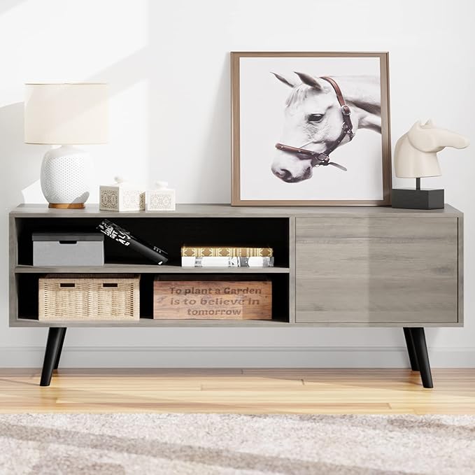 Shintenchi Mid Century Modern TV Stand for TVs up to 55 inches, Wood TV Console Table Media Cabinet with Storage, Entertainment Center for Living Room Bedroom,Grey - LeafyLoom
