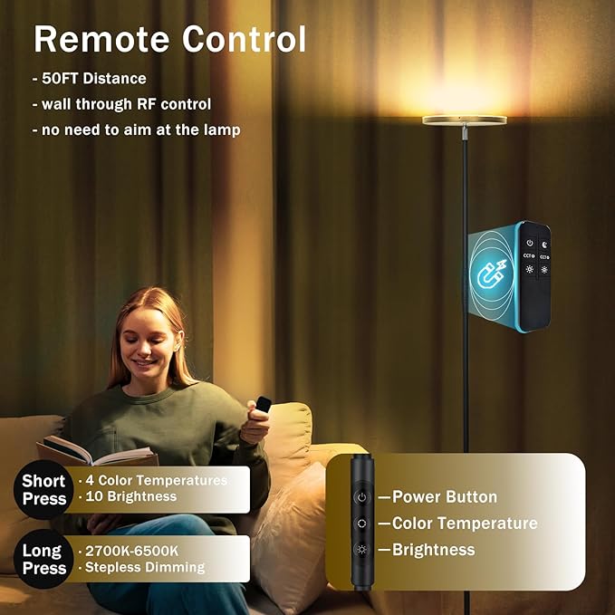 Floor Lamp, Upgraded 36W 3600LM Super Bright Torchiere LED Floor Lamps for Living Room, Stepless Dimmable Color Temperature 2700K-6500K with Remote & Touch Control, Standing Light for Bedroom Office - LeafyLoom