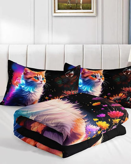 Cartoon Kawaii Cat Comforter Set Twin Size 3D Animals Flower Toddler Bedding Set Cat Lovers Animal Bubble Design Quilt Bed Set for Girls Kids Teens - LeafyLoom