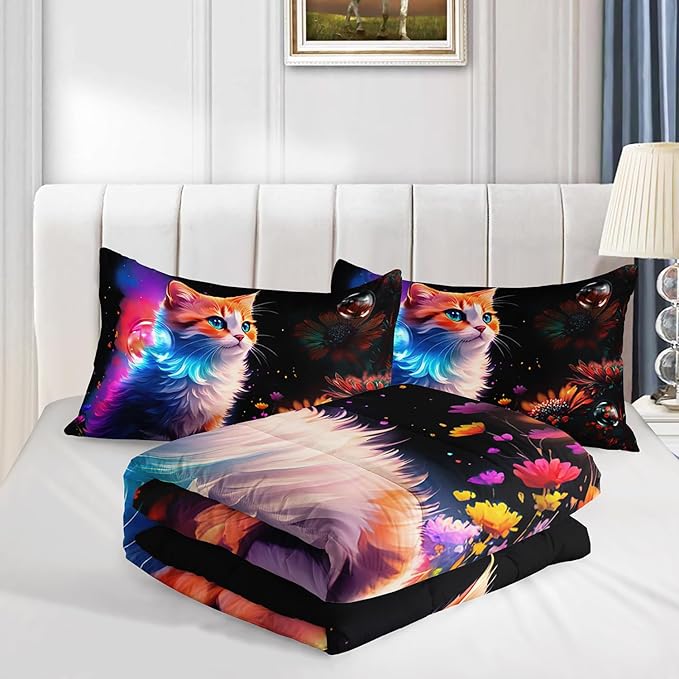 Cartoon Kawaii Cat Comforter Set Twin Size 3D Animals Flower Toddler Bedding Set Cat Lovers Animal Bubble Design Quilt Bed Set for Girls Kids Teens - LeafyLoom