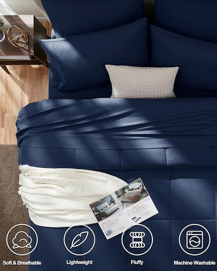 CozyLux Full Size Comforter Sets - 7 Pieces Bed in a Bag Set Navy Blue, Bedding Sets Full with All Season Quilted Comforter, Flat Sheet, Fitted Sheet, Pillowcases, Navy Blue, Full - LeafyLoom