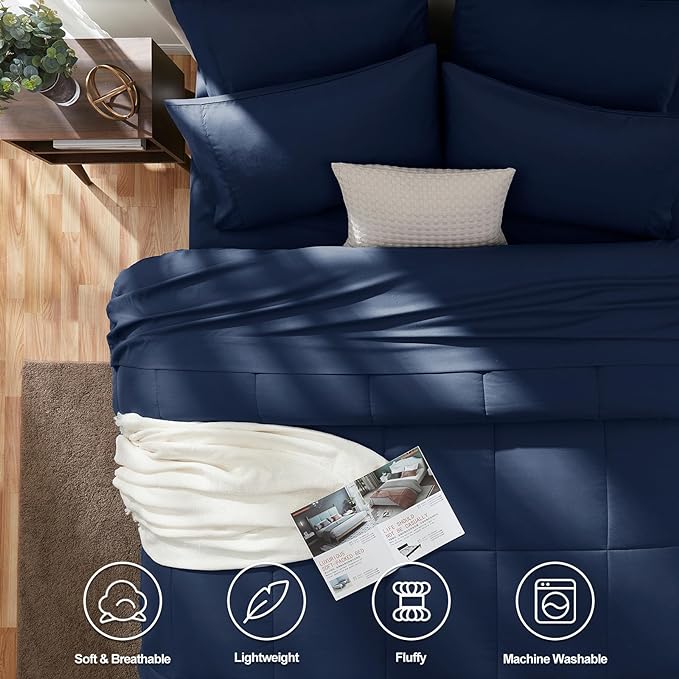 CozyLux King Size Comforter Set - 7 Pieces Bed in a Bag Set Navy Blue, King Bedding Set with All Season Quilted Comforter, Flat Sheet, Fitted Sheet, Pillowcases - LeafyLoom