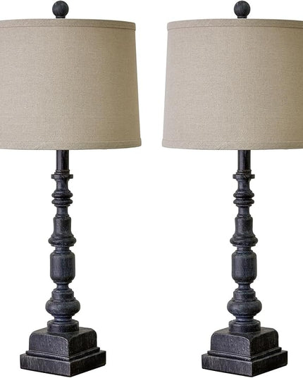 Oneach 27.75” Vintage Farmhouse USB A+C Table Lamps Set of 2 for Living Room Bedroom Traditional Bedside Nightstand Lamp Retro Resin Lamps Linen Shade Nightstand Home Office Antique Black Accent - LeafyLoom