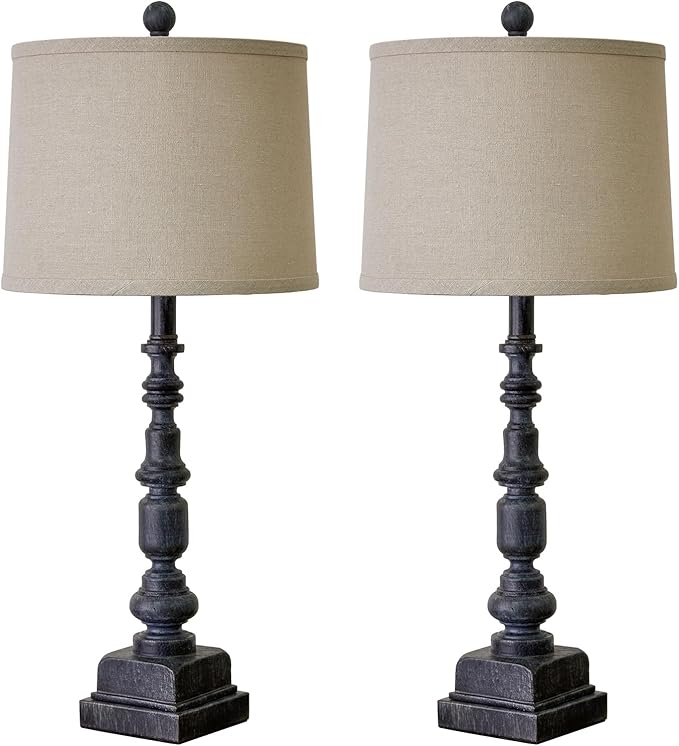Oneach 27.75” Vintage Farmhouse USB A+C Table Lamps Set of 2 for Living Room Bedroom Traditional Bedside Nightstand Lamp Retro Resin Lamps Linen Shade Nightstand Home Office Antique Black Accent - LeafyLoom
