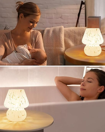 Mushroom Lamp Small Bedside Table Lamp-Nightstand Nightlight Dimmable Stepless, Translucent Glass White Desk Lamp for Bedroom Dorm Living Kitchen, Murano Style Aesthetic Cute Home Decor Gift - LeafyLoom